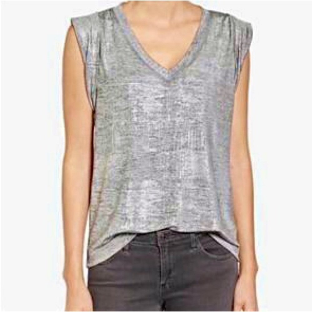 Trouve Shimmery Silver Short Sleeved V-Neck T-Shirt Blouse - Size Small